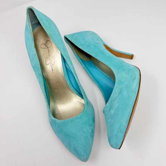 Jessica Simpson Avenx Blue Bell Aqua Suede Pointed Toe Pumps Women's Size 10W - Picture 3 of 16